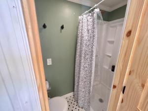 a bathroom with a shower curtain and a toilet at Quail Run Farm- Rustic Tiny Home 2 in Chattanooga +16 photos