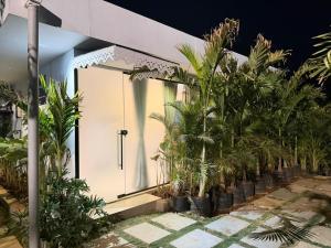 a group of palm trees in front of a building at 7 Tree Resort & Restaurant in Pune +6 photos