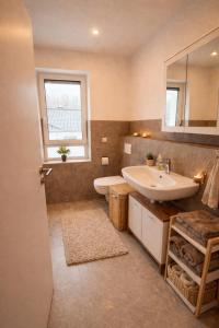 a bathroom with a sink and a toilet and a mirror at Heide-deluxe in Soltau +6 photos