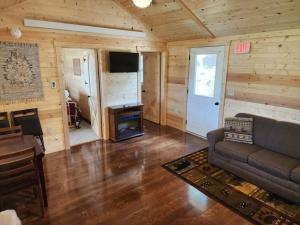 a living room with a couch and a tv and a fireplace at Freedom Ridge Cabins in Hill City