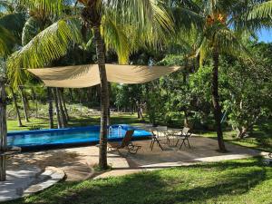 a hammock and a table and chairs next to a pool at Villa Carulio in Ebtún