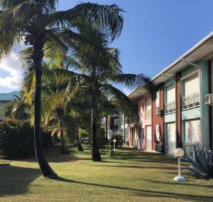 two palm trees in front of a building at Grain de Corail in Saint-François