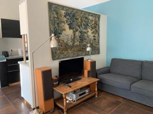 a living room with a couch and a tv at Maison de l'Hermitage in Cucuron