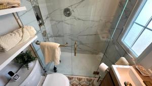 a bathroom with a shower and a toilet at Sunny PaG Island rental wbikes-just steps2beach in St. Pete Beach