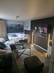 a living room with a couch and a tv at Boutique apartment in Strömstad in Strömstad