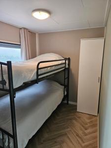 a small room with two bunk beds and a window at Madeliefje - Familie camping in Raalte in Raalte +29 photos
