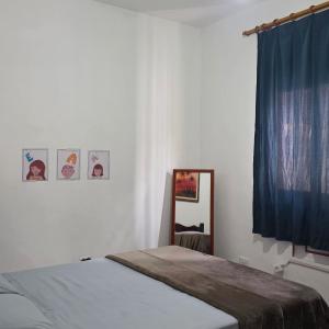 a bedroom with a bed with a blue curtain and a mirror at Recanto do Capitão in Rio de Janeiro