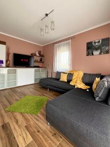 a living room with a couch and a tv at Dorina Wellness Apartman in Siófok