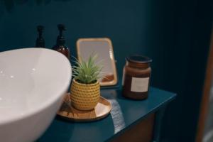 a bathroom counter with a bottle of honey and a potted plant at The Nest - Chandlers in Rothesay