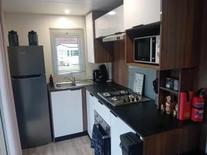 a small kitchen with a refrigerator and a sink at chalet bella in Gasselte