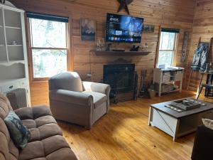 a living room with a couch chair and a television at Ducks Nest Retreat- Close to Ocoee river in Turtletown