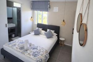 a bedroom with a bed with blue pillows and a mirror at RayGrass, La Gaulette in La Gaulette
