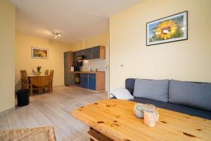a living room with a blue couch and a table at Ferienwohnung Haus Vietzen 2 in Rechlin