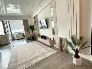 a living room with a potted plant in the middle at Building Stefan Resort 2 Mamaia Nord - Studio 804 in Năvodari +9 photos