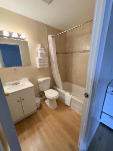 a bathroom with a toilet and a sink and a tub at Seabreeze Motel in Old Orchard Beach +34 photos