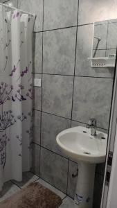 a bathroom with a sink and a shower curtain at Iguazú Home & Relax in Puerto Iguazú