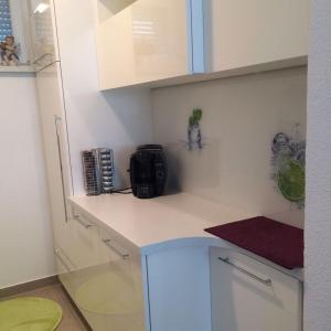 a kitchen with a white counter with a black appliance on it at Angelina Apartment in Zaprešić