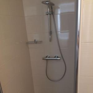 a shower with a shower head in a bathroom at Angelina Apartment in Zaprešić