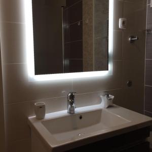 a bathroom with a white sink and a mirror at Angelina Apartment in Zaprešić