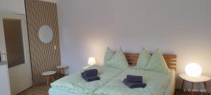 a bedroom with a bed with blue pillows on it at Apartment Bertík in Třeboň