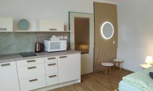 a small kitchen with a microwave on a counter at Apartment Bertík in Třeboň +7 photos