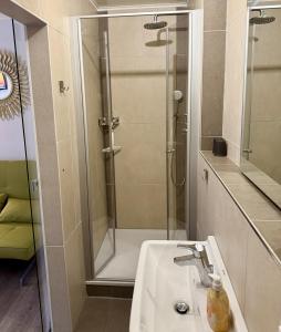 a bathroom with a shower and a sink at Ferienwohnung Moselblick in Ediger-Eller