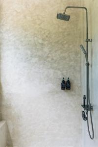 eine Dusche in einem Badezimmer mit zwei blauen Flaschen in der Unterkunft Casa Oro in General Luna