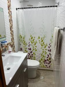 a bathroom with a toilet and a shower curtain at APARTAMENTOS DECOR in Cartagena de Indias +77 photos