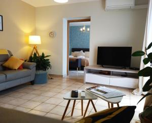 a living room with a couch and a flat screen tv at Fleurs de Cosmos, suite lumineuse climatisée in Albi