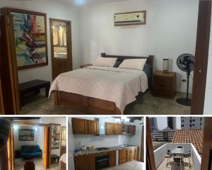 two pictures of a bedroom with a bed and a kitchen at APARTAMENTOS DECOR in Cartagena de Indias