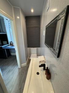 a bathroom with a tub and a sink with a mirror at The Gwydir Ground Floor Studio in Llandudno