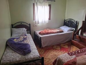 a bedroom with two beds and a window at Auberge Toubkal Amsouzart Aitst Idar in Tizgui