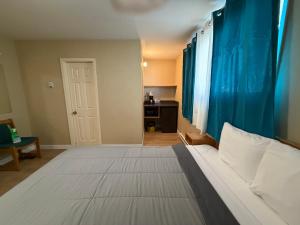 a bedroom with a large bed with a blue curtain at Lake-Vu Motel in Kenora