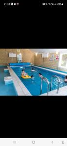 two people in a swimming pool with a surfboard at B&R 18 Gleneagles in Turnberry