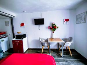 a kitchen with a table with a vase of flowers at Studio Les coquelicots in Saint-Romain-sur-Cher