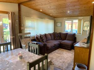 a living room with a couch and a table at Afon Lodge in Maesmynis