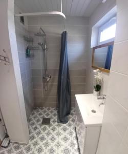 a bathroom with a shower and a sink at Savi sviit in Mooste +5 photos