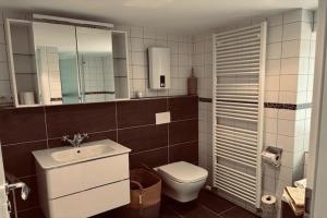 a bathroom with a toilet and a sink and mirror at Ferienparadies in der Vulkaneifel in Roth +37 photos