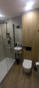 a bathroom with a toilet and a sink and a shower at Apartament 7 Piętro in Wałbrzych +28 photos