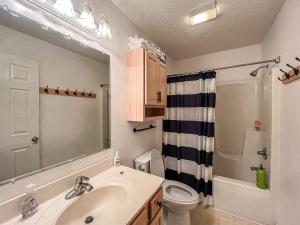 a bathroom with a sink and a toilet and a shower at Lakefront Dock Fire Pit Hot Tub Value in Swanton +28 photos