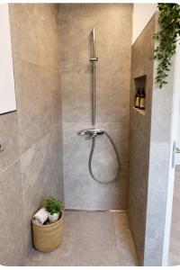 a shower with a shower head in a bathroom at Apartment Heide in Soltau +3 photos