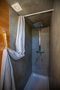 a shower in a room with a shower curtain at Les Chalets Horizon in Saint-Just-de-Claix +100 photos