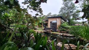a brick house with a pond in front of it at Pond Cottage in Knysna
