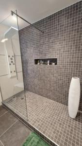 a bathroom with a shower with a tiled wall at Le Peekskill in Montbron +17 photos