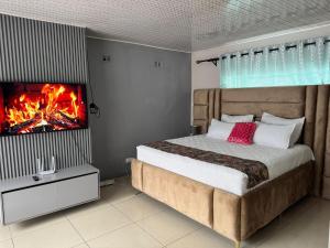 a bedroom with a bed with a fireplace and a tv at Alamaison in Umtali