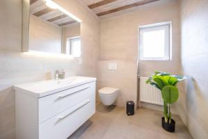a bathroom with a sink and a toilet and a window at Haus Sonnengelb in Taarstedt +13 photos