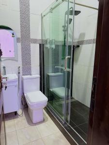 a bathroom with a toilet and a glass shower at Bold 3 Bedroom Apartments in Abuja +25 photos