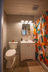 a bathroom with a toilet and a sink at The Frothy Flat- A Bunny Slippers Optional Destination in Chattanooga