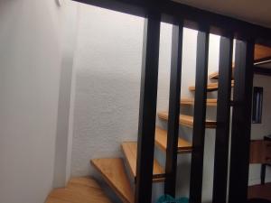 a staircase with black railings in a room at Terra loft in Líbano +27 photos