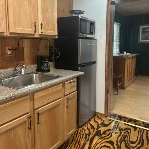 a kitchen with a sink and a refrigerator at Cabin #1 on Meramec River in Steelville